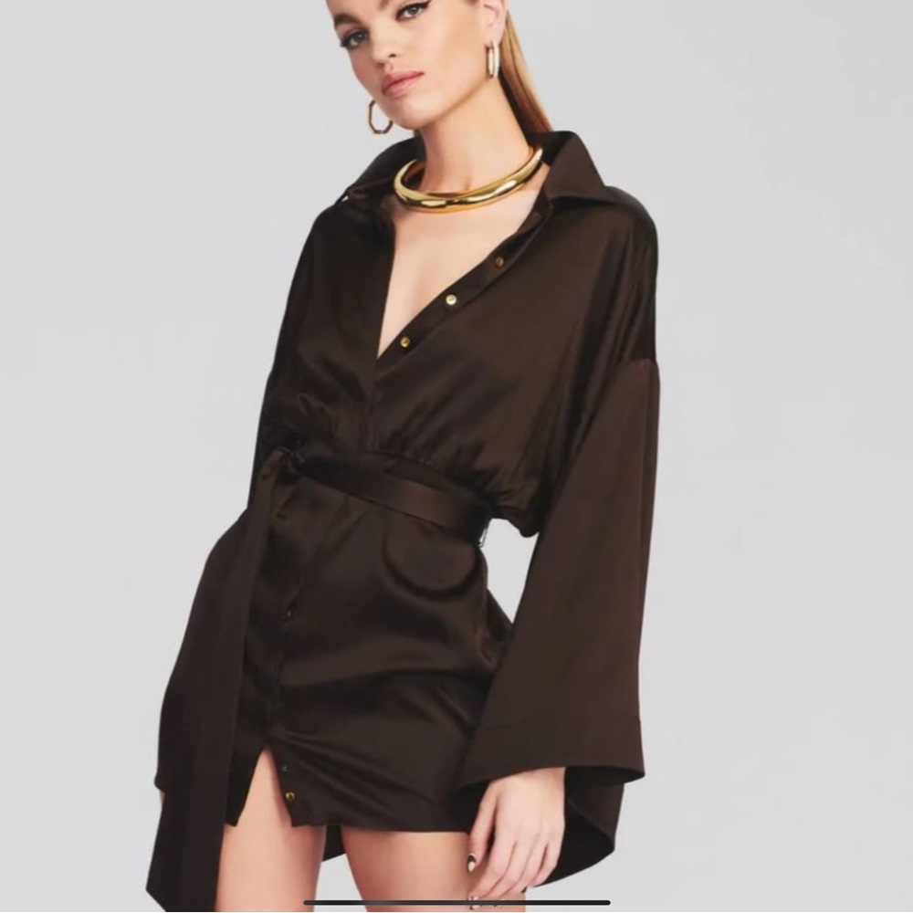 NWT Retrofete deep purple Scottie silk stretch flare sleeve tie waist mini dress